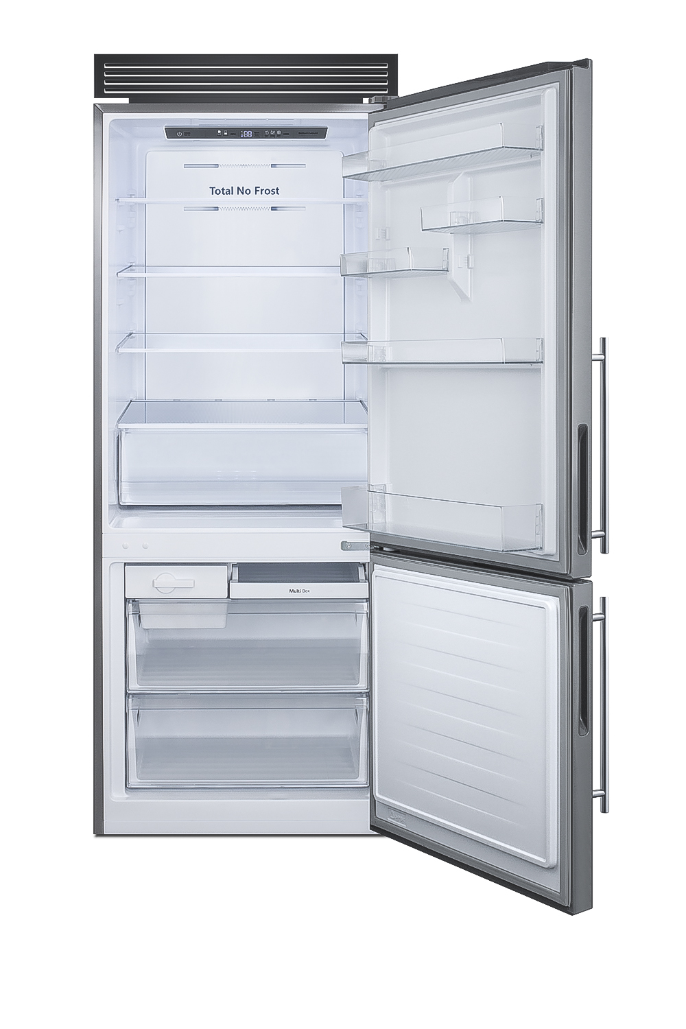 Frost-free ENERGY STAR certified bottom freezer refrigerator in stainless steel with digital controls and a counter depth fit